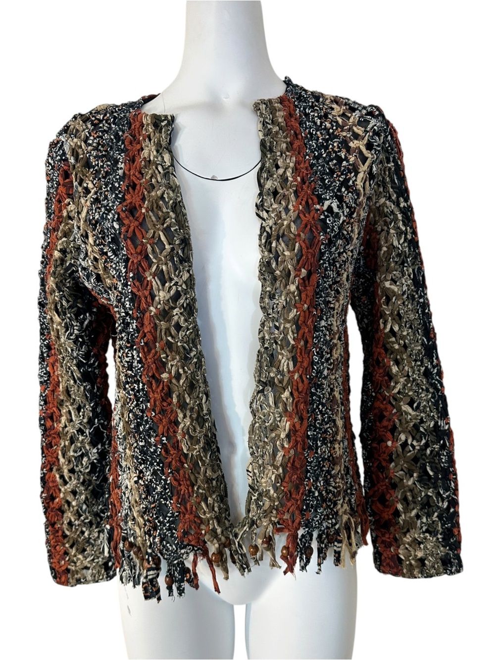 Sandy Starkman Boho Woven Fringe Crochet Open Front Jacket Beaded S